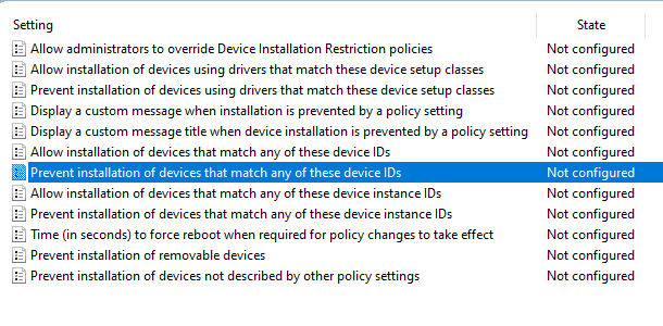 Prevent installation of devices