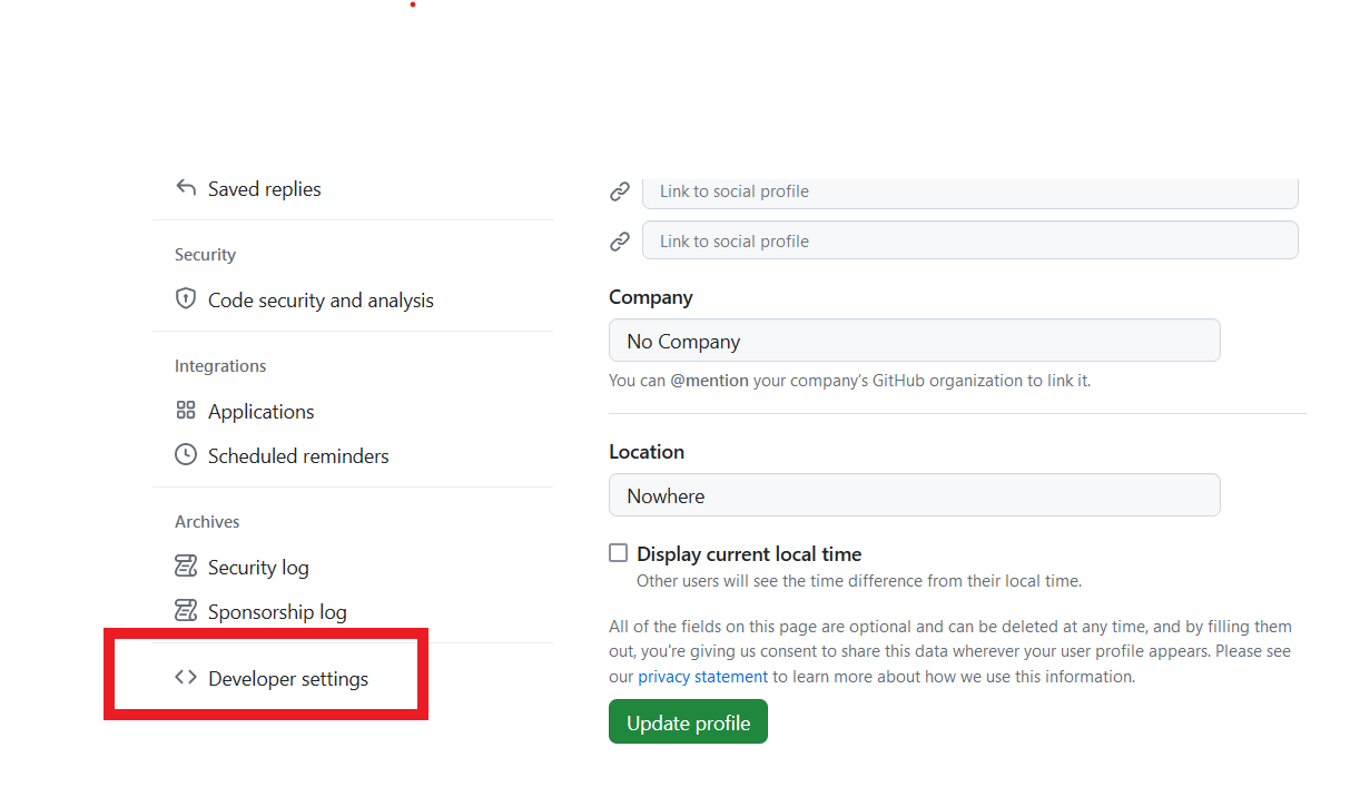 Github Developer Settings